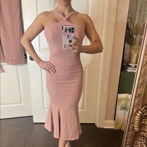 NW HIGH NECK PINK MAUVE MIDI DRESS RUFFLE BOTTOM